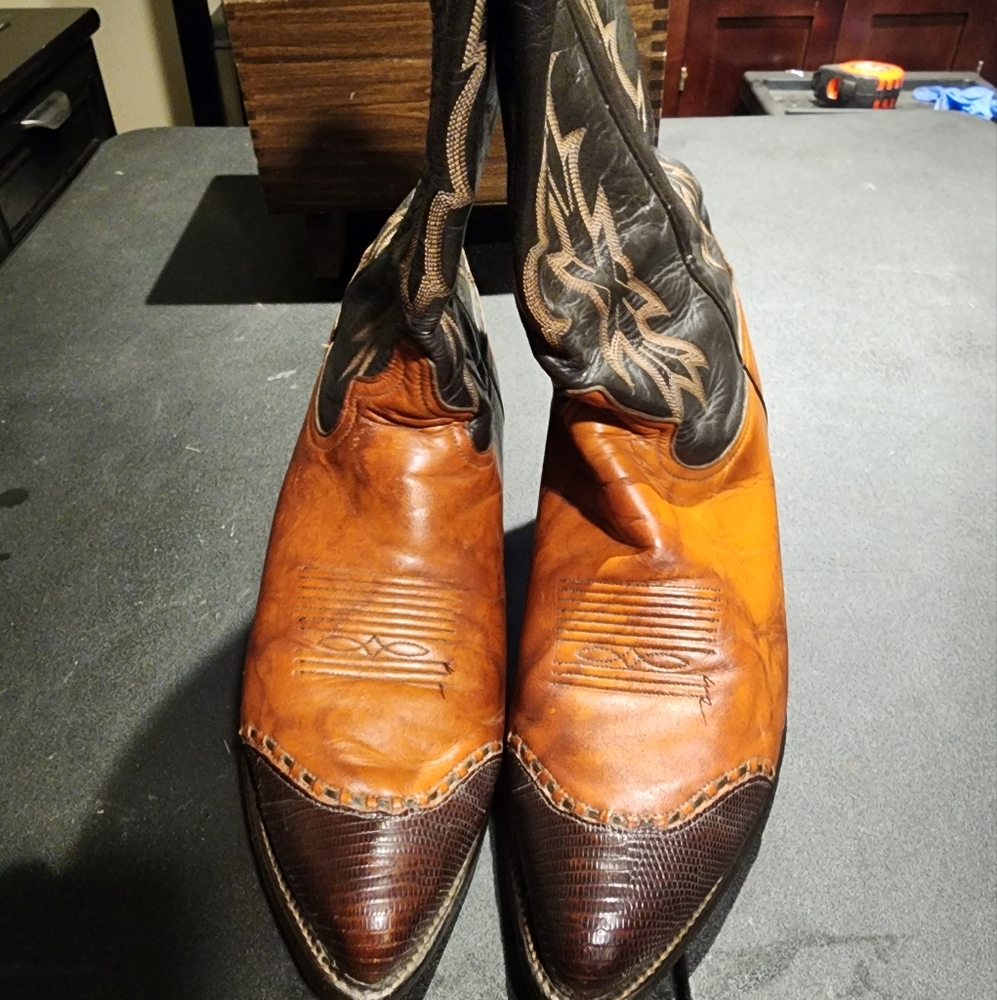 Tony Lama Brown and Black Cowboy Boots with Pointed Toe